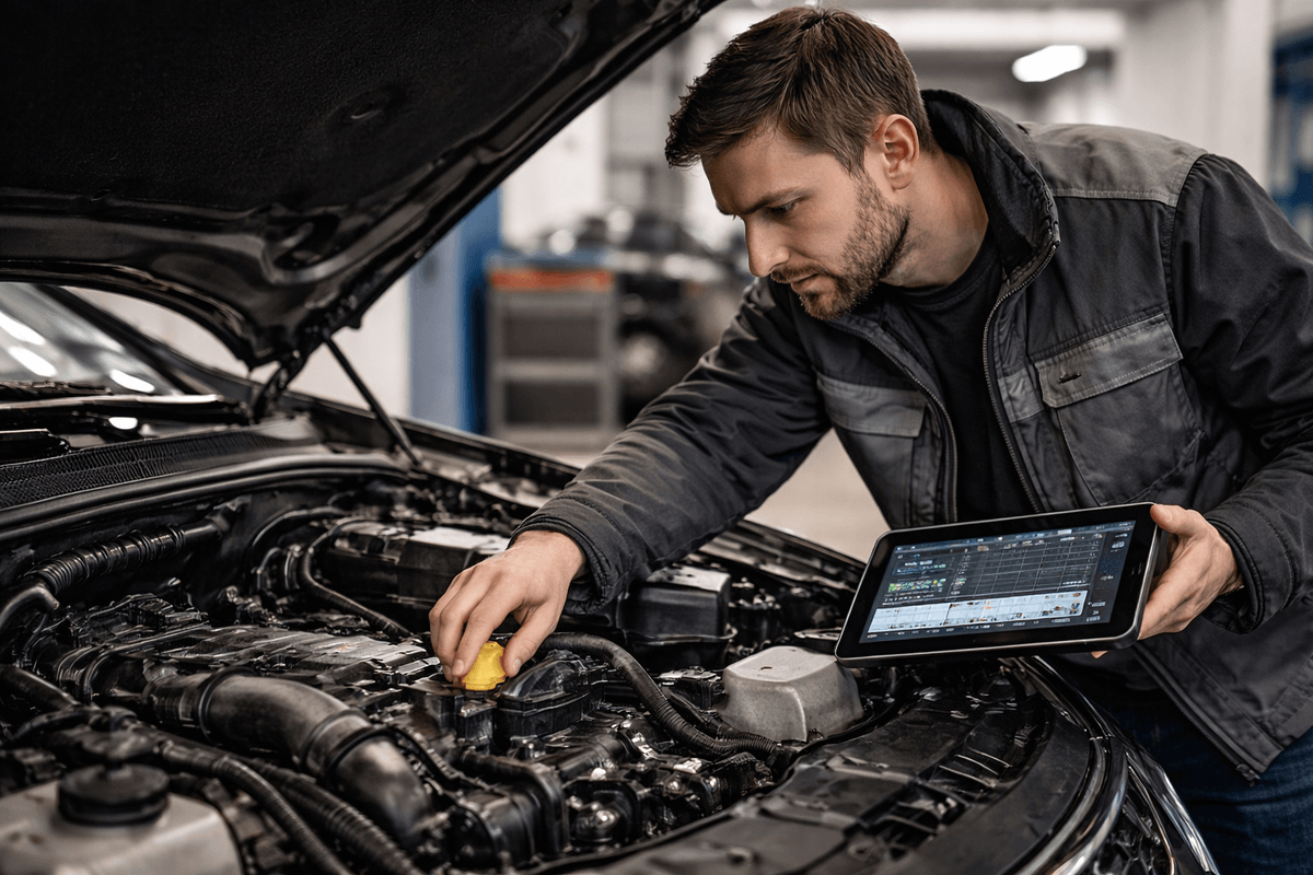 Diagnostyka silnika w warsztacie samochodowym – mechanik sprawdza parametry pracy jednostki napędowej