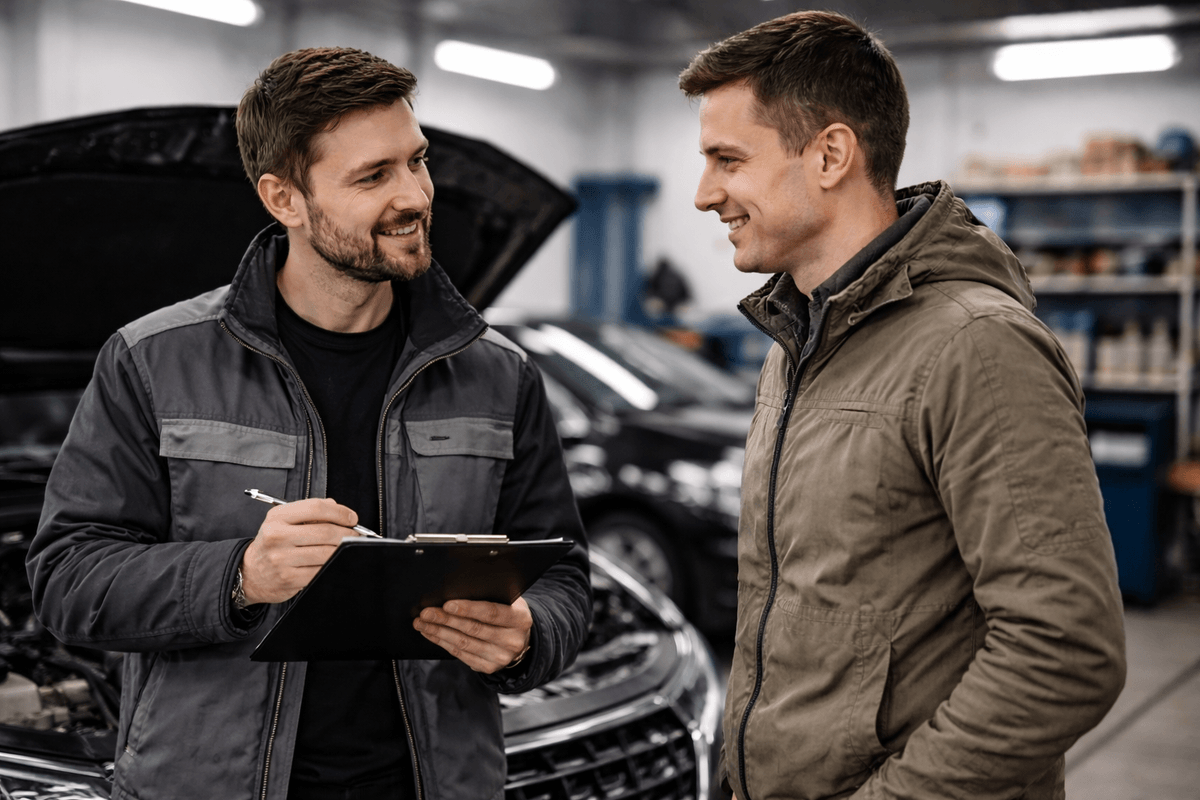 Mechanik wyjaśnia klientowi problem z silnikiem w warsztacie samochodowym
