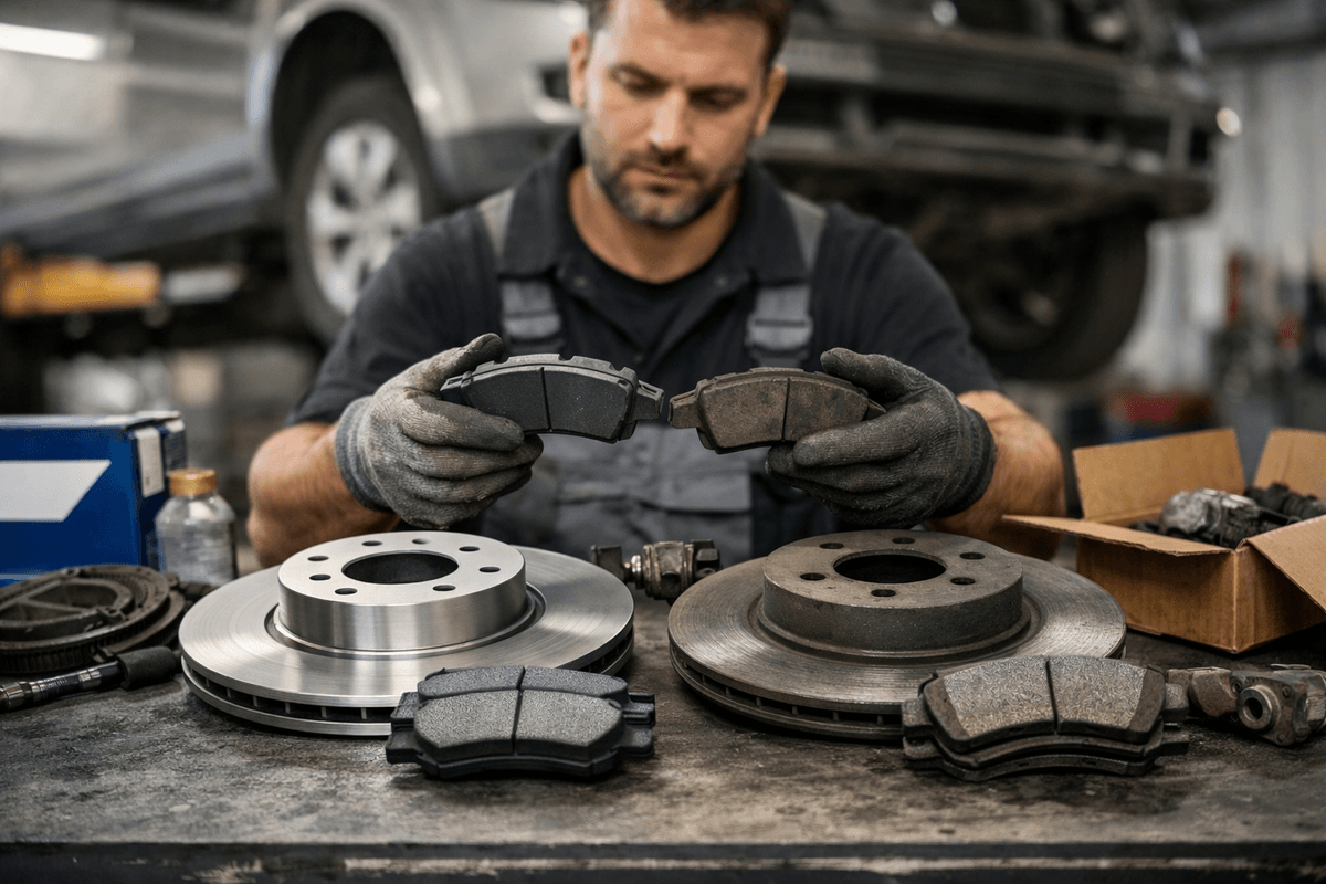 Mechanik porównujący nowe i zużyte klocki hamulcowe oraz tarcze w warsztacie samochodowym
