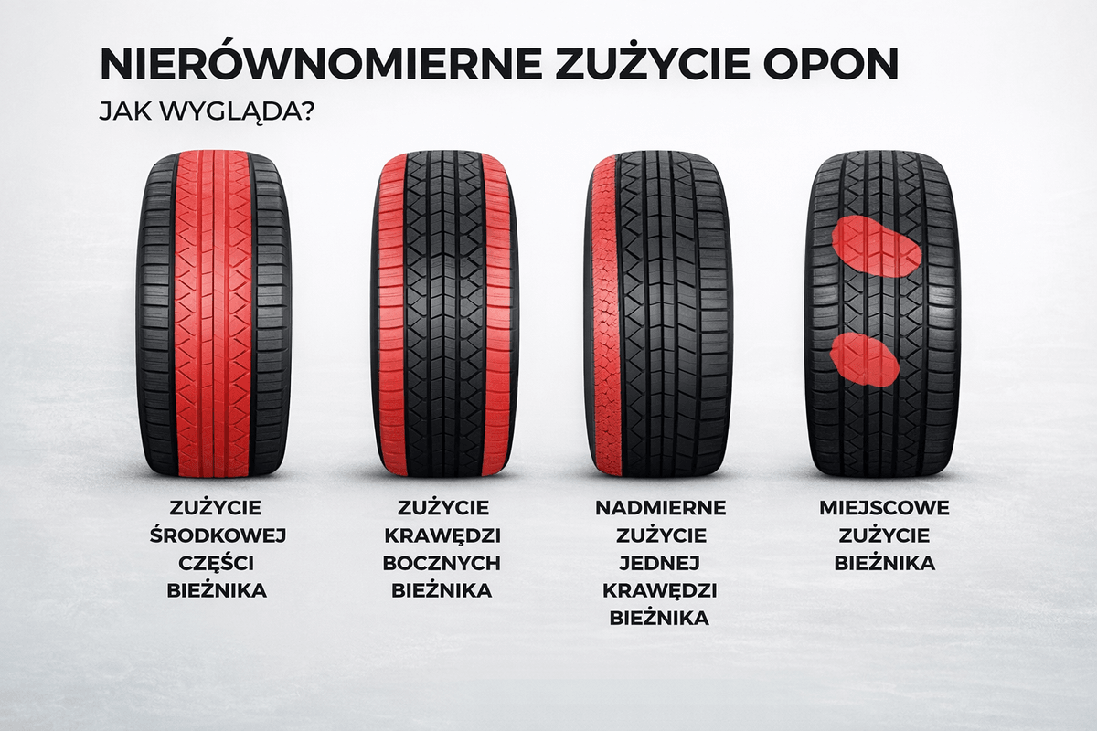 nierównomierne zużycie opon objaw uszkodzonego zawieszenia geometria kół problem z zawieszeniem samochodu