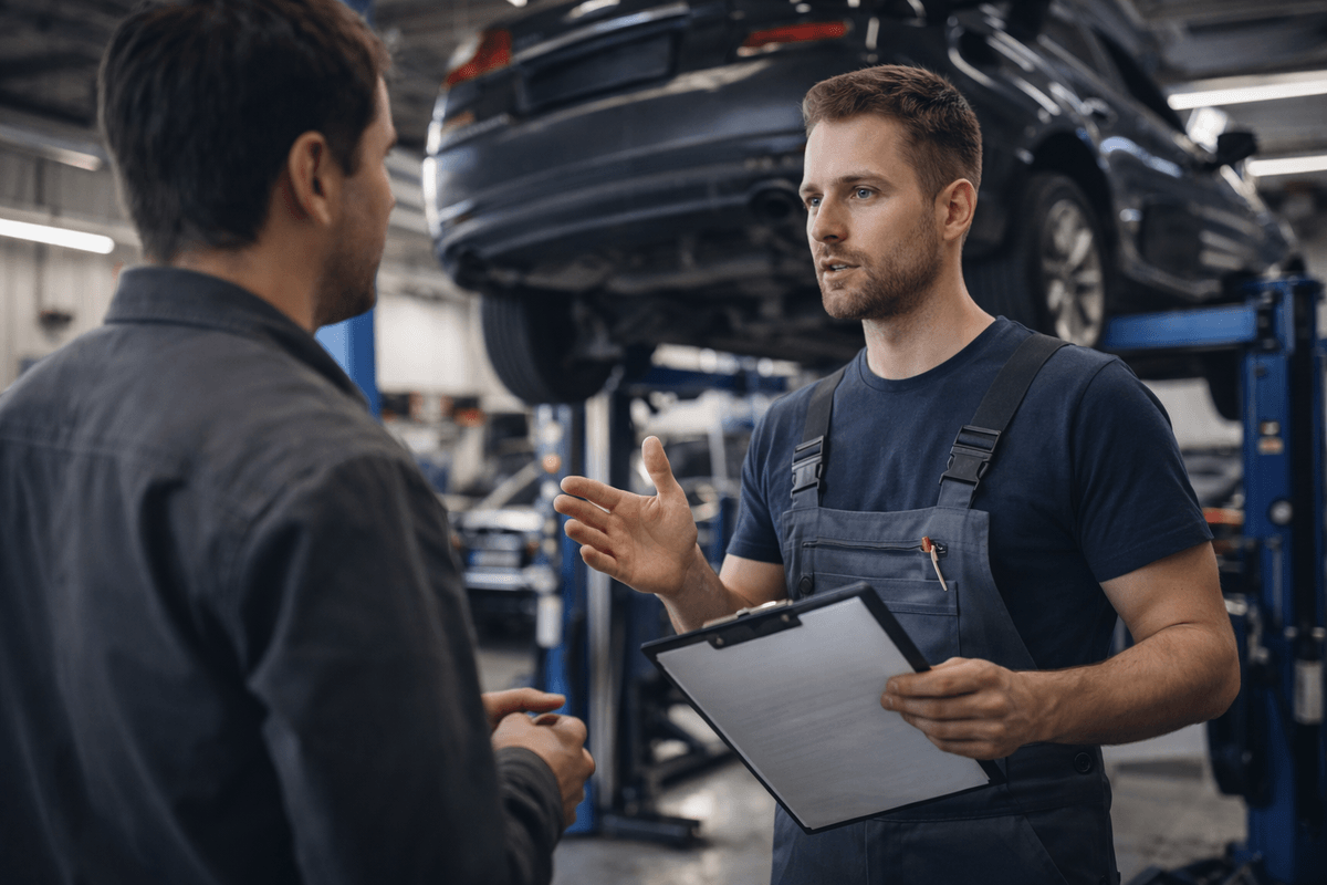 Kiedy warto udać się do warsztatu samochodowego – mechanik rozmawia z klientem w serwisie samochodowym