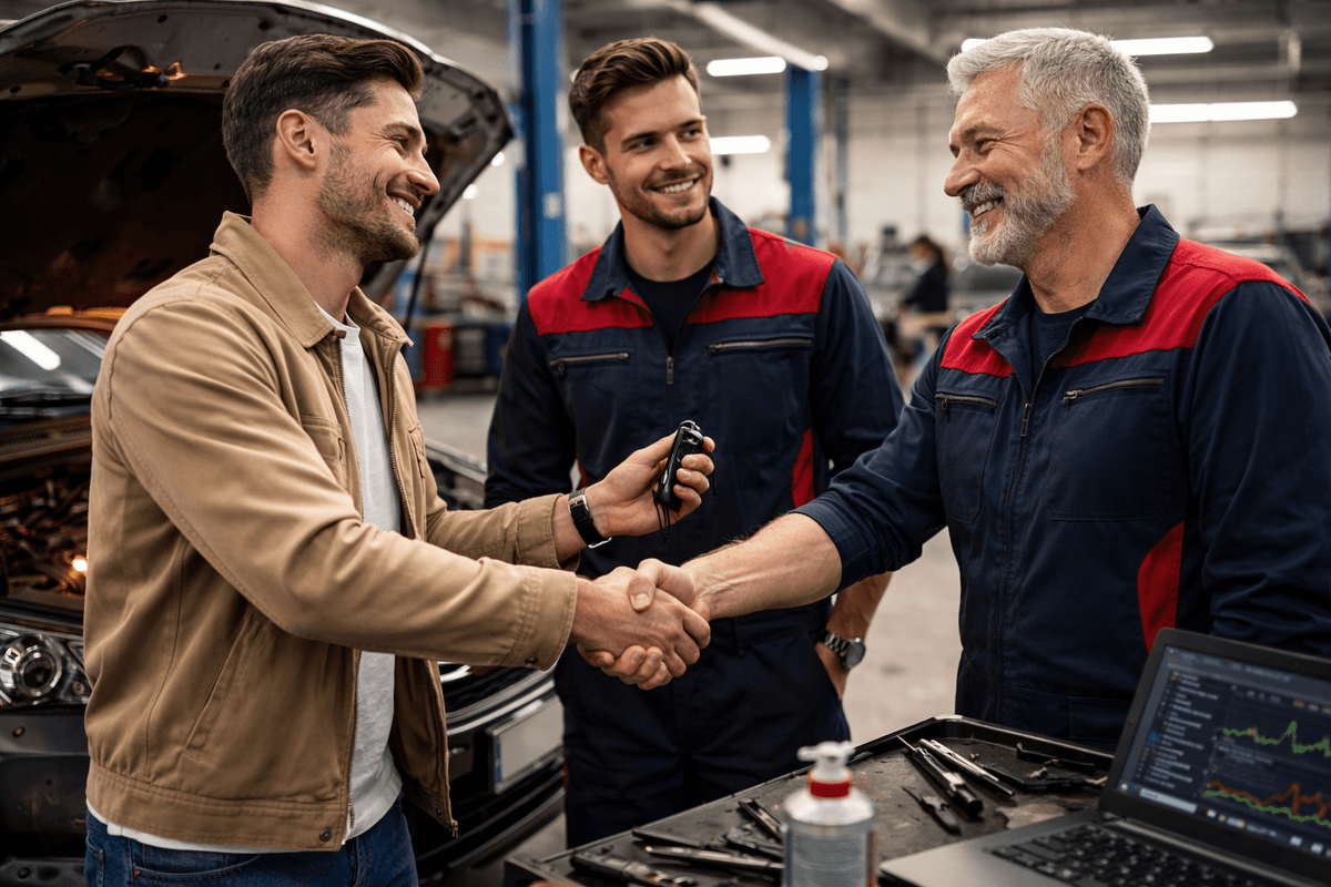 Zadowolony klient odbiera samochód w profesjonalnym warsztacie samochodowym po wykonanej diagnostyce i naprawie silnika
