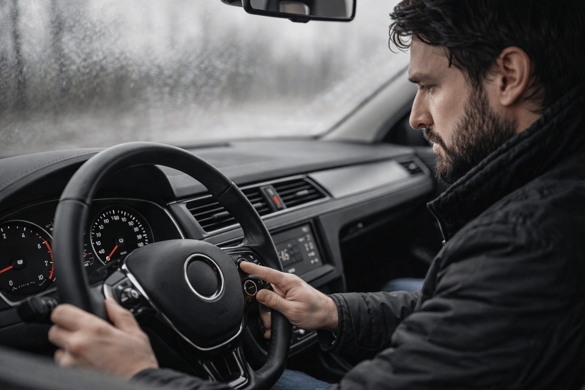 Kierowca uruchamia zimny silnik samochodu i kontroluje obroty na desce rozdzielczej