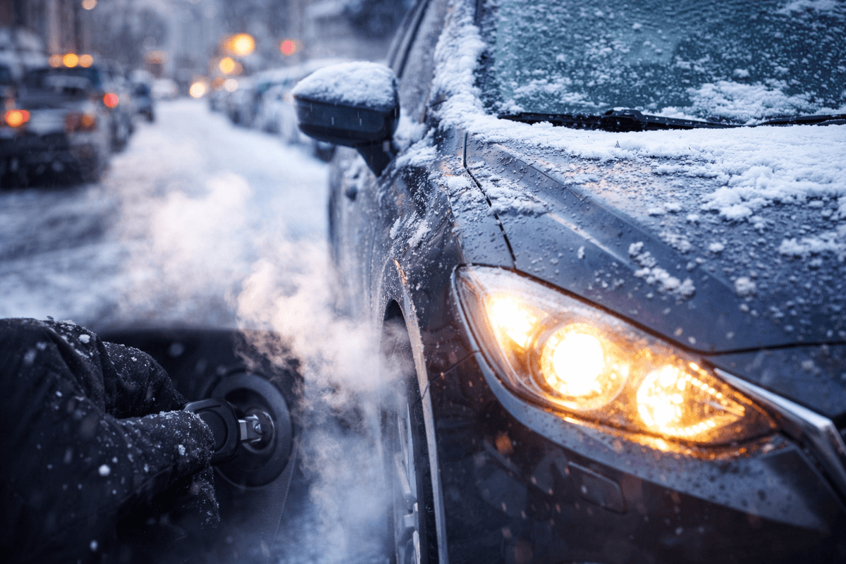 rozgrzewanie silnika zimą samochód na mrozie odpalanie auta w mieście zimą spaliny i zimny silnik