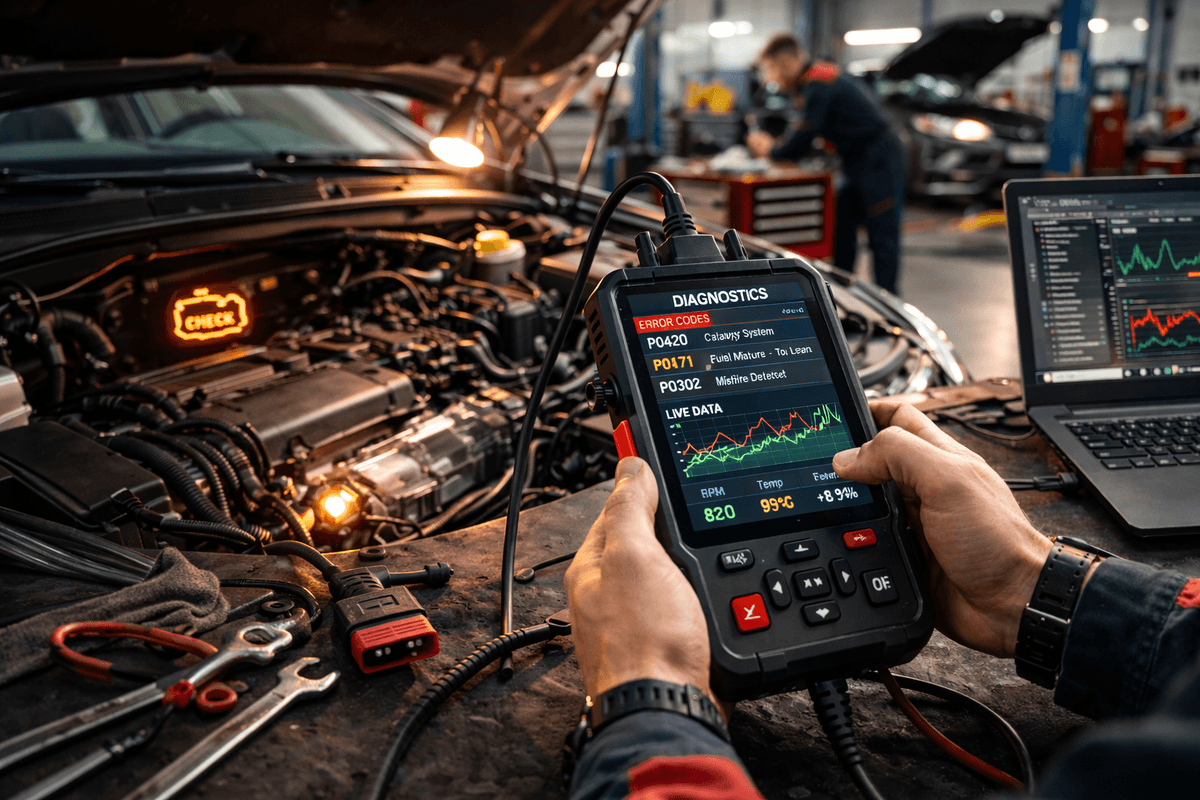 Diagnostyka komputerowa silnika w warsztacie samochodowym – odczyt błędów Check Engine i analiza parametrów pracy jednostki napędowej