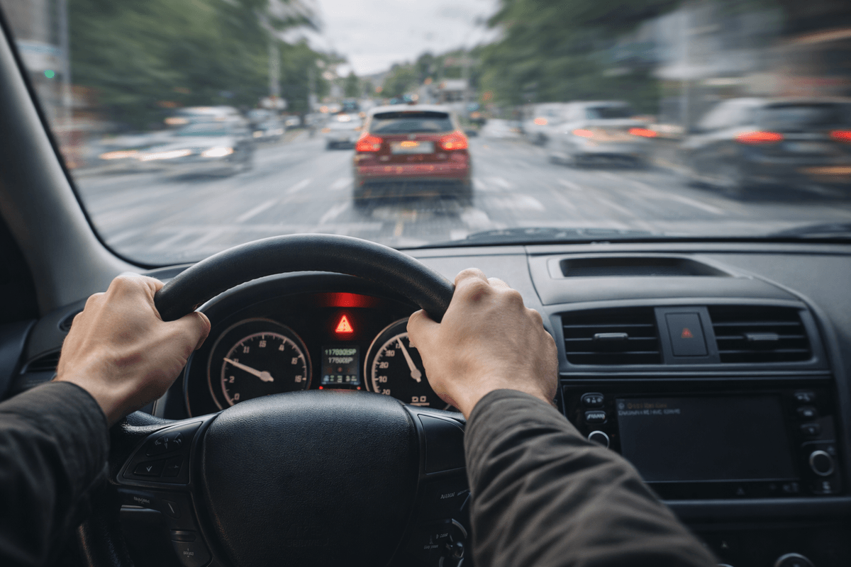 Samochód szarpie podczas jazdy – widok z miejsca kierowcy na deskę rozdzielczą i drogę