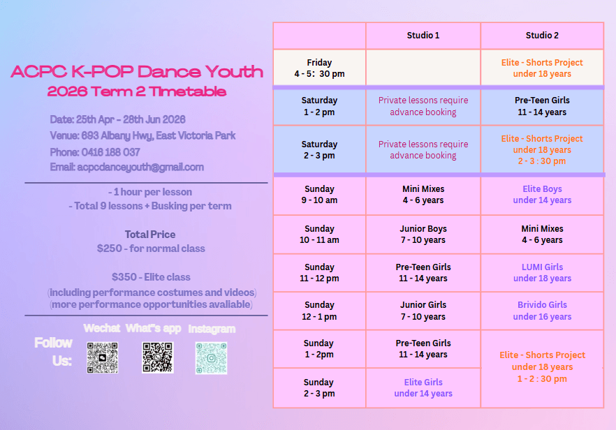 Join us, get professional dance and K-pop guidance, start your stage journey. Enhance your dance skills, become a star We provide the best dancing/K-pop tutoring and performing in WA