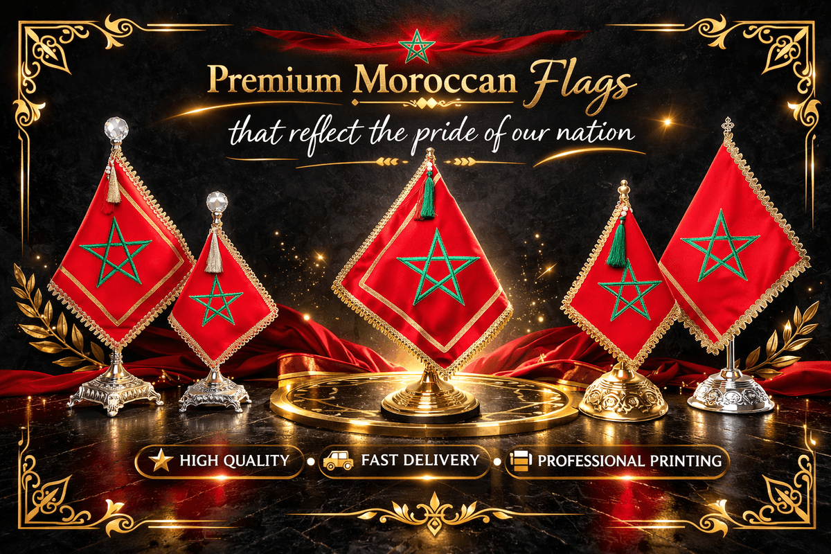 At FlagMaroc, we provide a premium selection of Moroccan flags, official portraits of His Majesty King Mohammed VI, and other symbolic products of Morocco. Our offerings are crafted to meet professional quality standards, making them ideal for administrations, schools, cafés, and national events. Authentic Moroccan Flags Sale of Moroccan flags, official portraits of His Majesty King Mohammed VI and symbolic products of Morocco. Professional quality for administrations, schools, cafes and national events.
