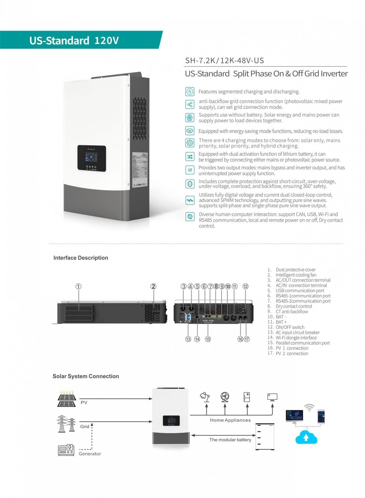 12KW IP21 US-Standard Split Phase On & Off Grid Inverter