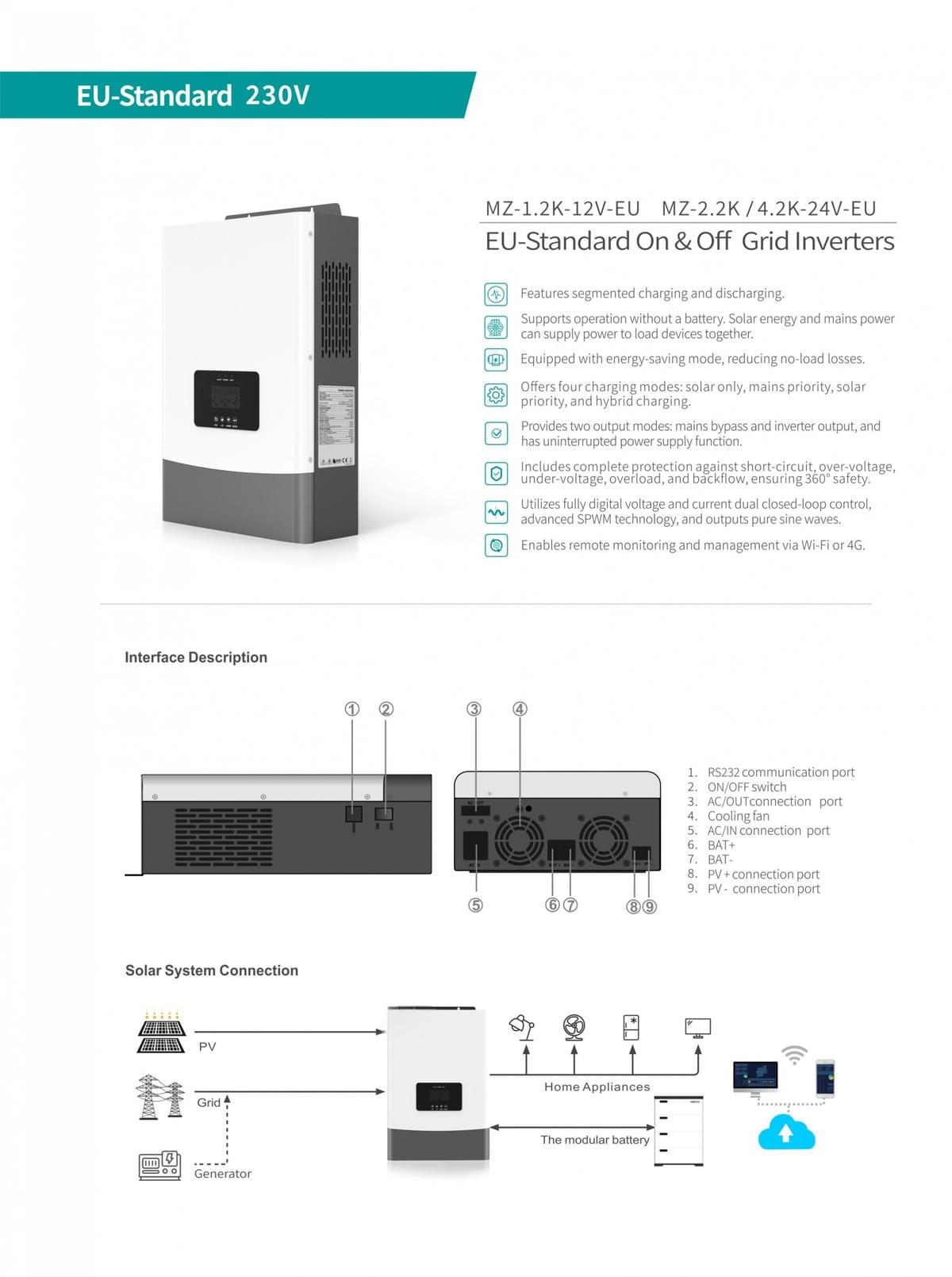 1.2KW 2.2KW 4.2KW IP21 EU-Standard On & Off  Grid Inverter