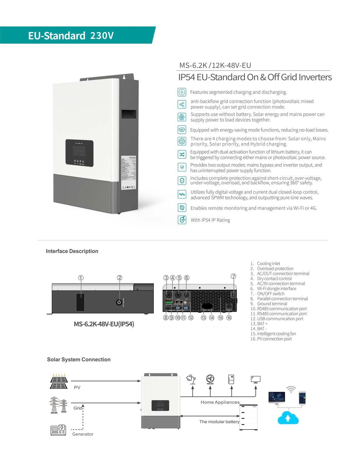 6.2KW 12KW IP54 EU-Standard On & Off Grid Inverter