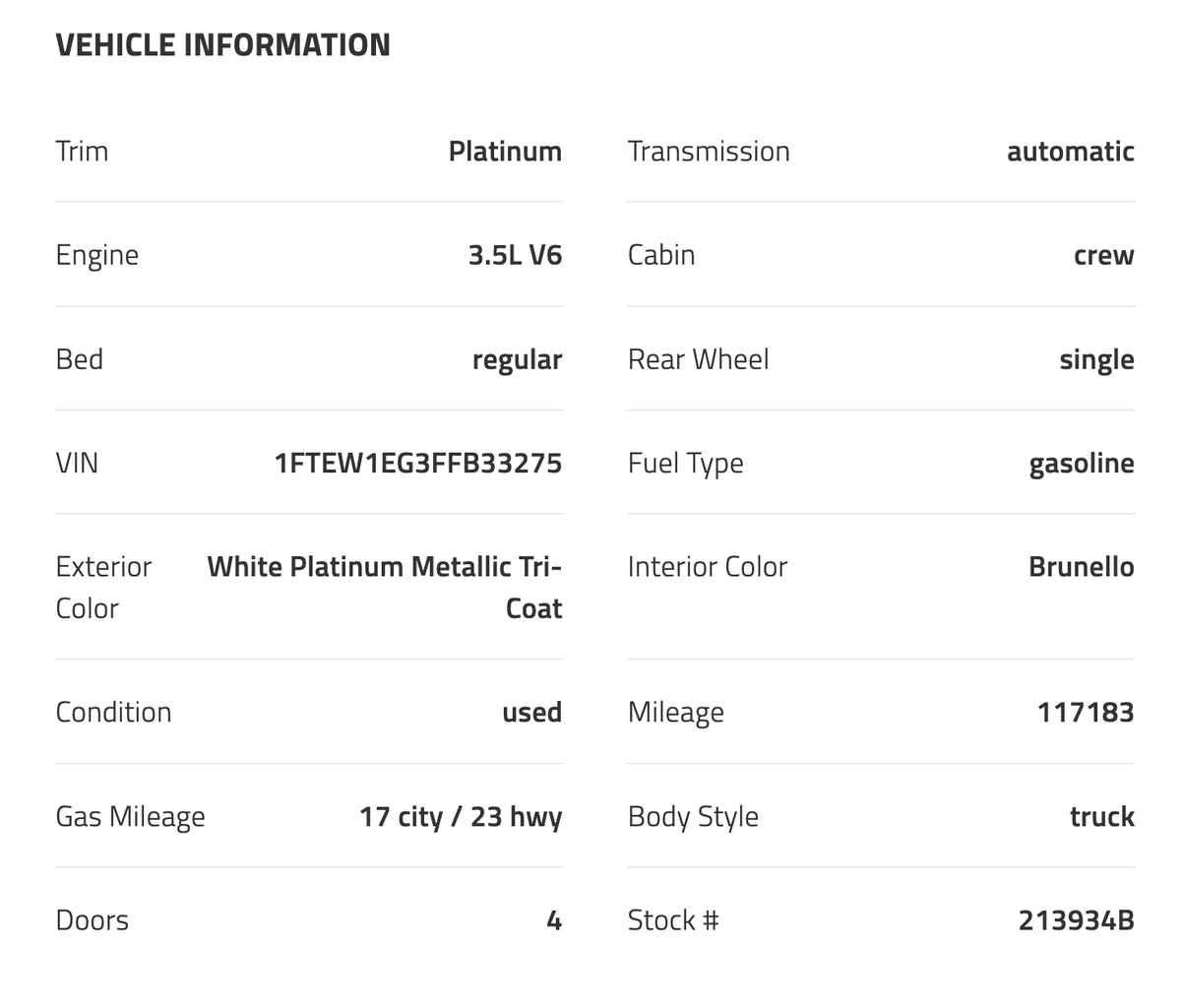 2015 Ford F-150 Platinum /  117,183 miles