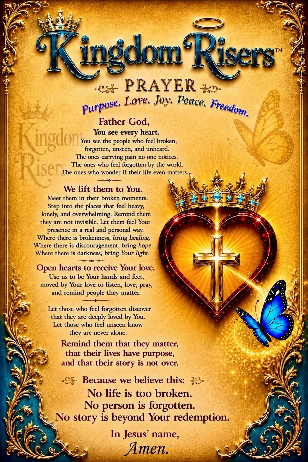 You Are Seen. You Are Loved. Create a warm, faith-centered ministry website called Kingdom Risers. The purpose of the site is to offer hope, encouragement, and spiritual support to people who feel broken, overlooked, or invisible in life.The core message of the ministry is: “You Are Not Invisible. God Sees You.”Kingdom Risers exists to remind people that God is close to the brokenhearted and meets people even in their lowest moments. The ministry focuses on compassion, prayer, encouragement, and helping people rediscover hope, purpose, and God’s love.The website should feel peaceful, welcoming, and emotionally safe. Visitors should feel seen, valued, and loved when they arrive.Create sections that include:• Hero Section with the headline “You Are Not Invisible. God Sees You.”• Mission Section explaining that Kingdom Risers exists to put God’s love into action for those who feel broken or forgotten• Who This Is For describing people experiencing pain, loneliness, rejection, trauma, or spiritual discouragement• What Kingdom You Are Seen. You Are Loved. Create a warm, faith-centered ministry website called Kingdom Risers. The purpose of the site is to offer hope, encouragement, and spiritual support to people who feel broken, overlooked, or invisible in life.The core message of the ministry is: “You Are Not Invisible. God Sees You.”Kingdom Risers exists to remind people that God is close to the brokenhearted and meets people even in their lowest moments. The ministry focuses on compassion, prayer, encouragement, and helping people rediscover hope, purpose, and God’s love.The website should feel peaceful, welcoming, and emotionally safe. Visitors should feel seen, valued, and loved when they arrive.Create sections that include:• Hero Section with the headline “You Are Not Invisible. God Sees You.”• Mission Section explaining that Kingdom Risers exists to put God’s love into action for those who feel broken or forgotten• Who This Is For describing people experiencing pain, loneliness, rejection, trauma, or spiritual discouragement• What Kingdom