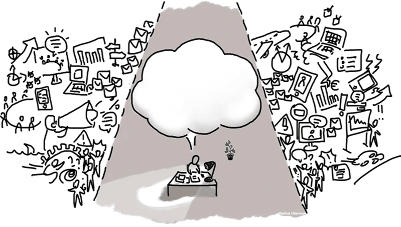 Ilustración de varias personas interactuando y colaborando alrededor de un tablero y una presentación, simbolizando la construcción de un nuevo lenguaje compartido, la narración y la movilización de equipos.