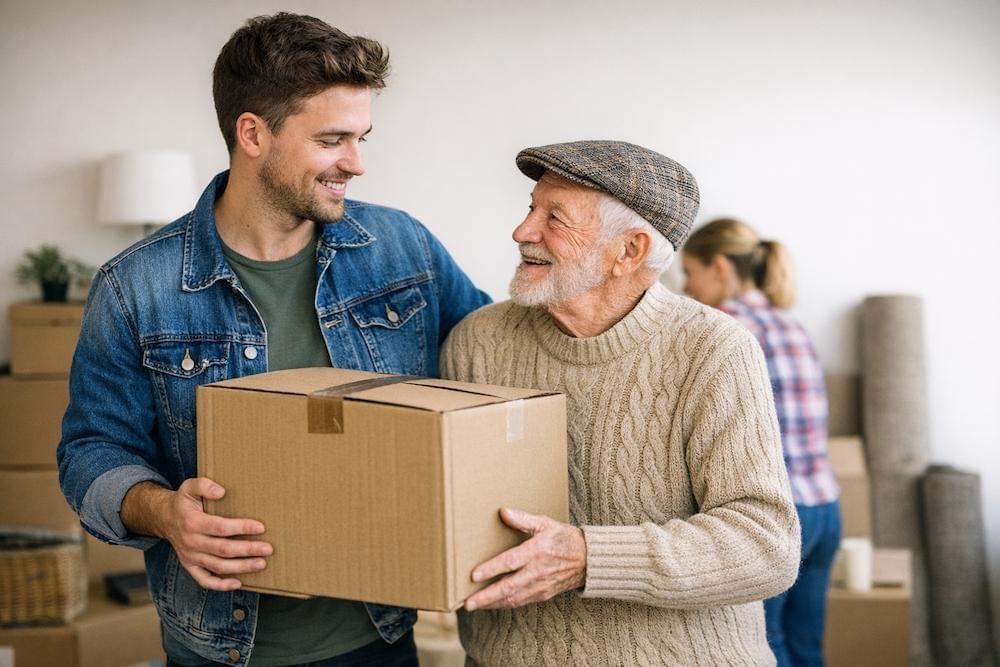 Un jeune homme aide une personne âgée à porter un carton lors d’un déménagement, dans une scène d’entraide intergénérationnelle.