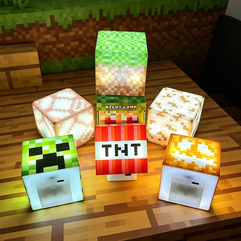 Minecraft Ore Block LED Night Light - Rechargeable Tap Control Desk Lamp, Pixel Art Toy & Room Decor