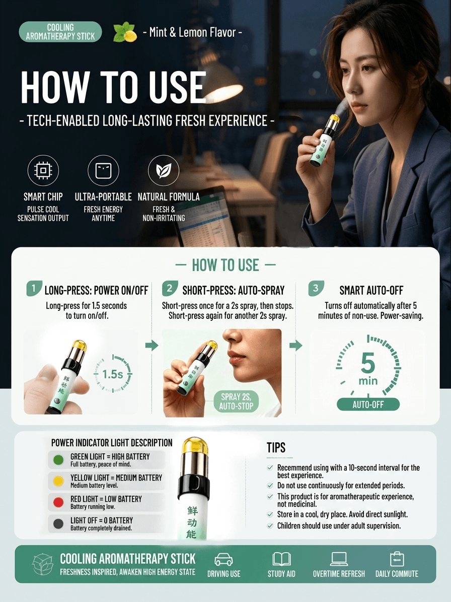 Portable Aromatherapy Stick 2ml | Natural Plant Essence Energy Booster | Cooling Mint Lemon Flavor E