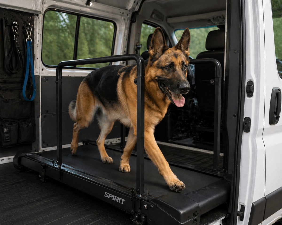 Fully equipped mobile treadmill inside our van.