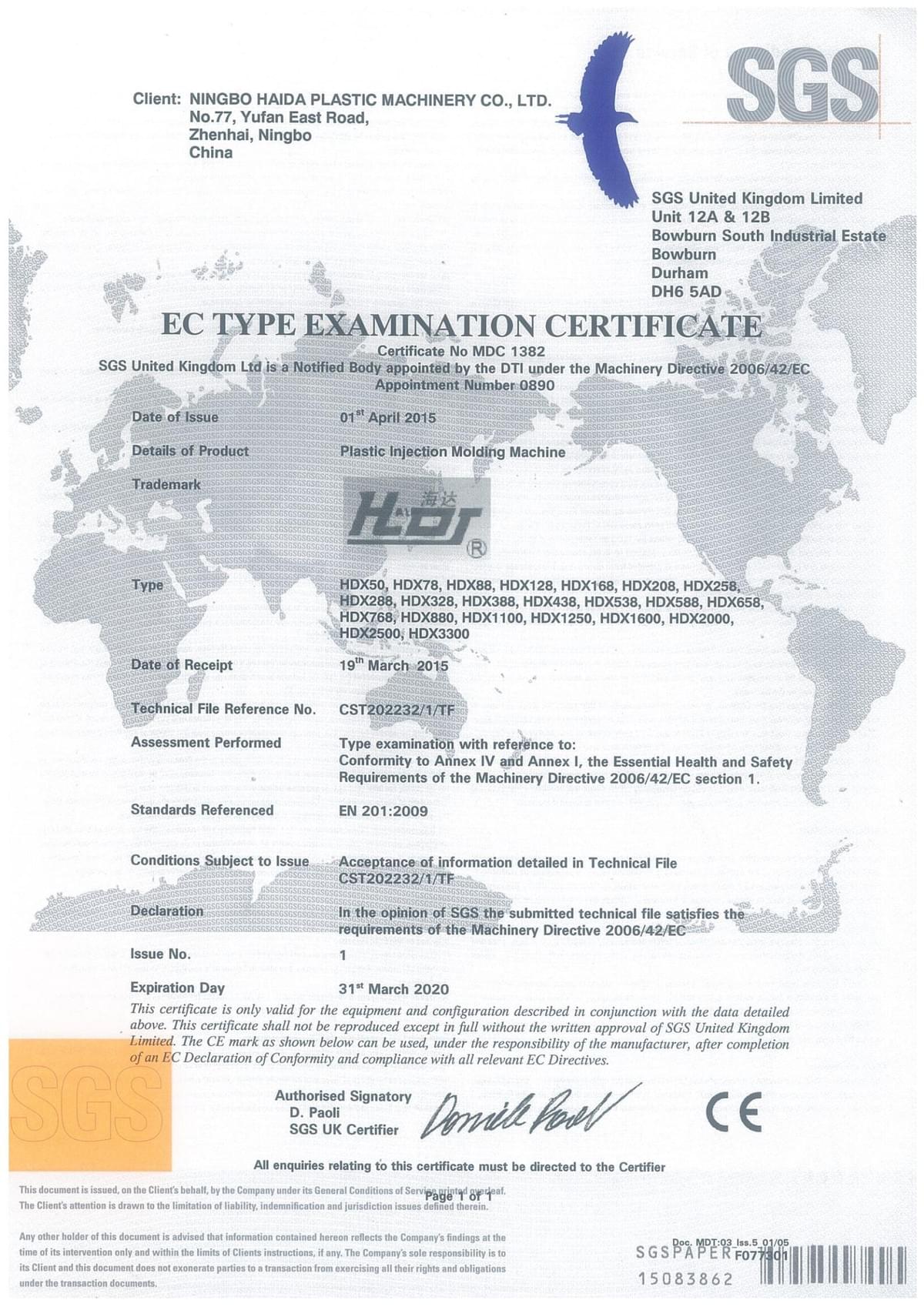 Haida injection molding machine CE certificate