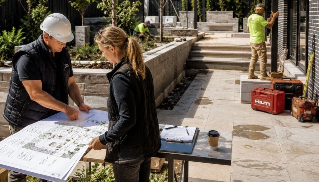 Landscape construction team reviewing plans during a luxury landscaping service project in Los Angeles with modern hardscape installation and outdoor living design.