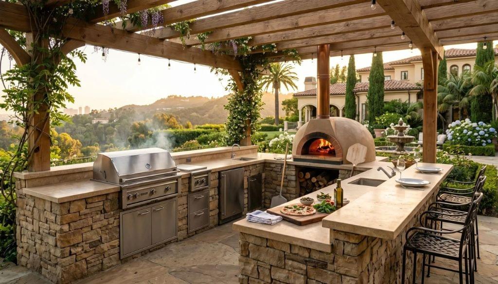 Custom outdoor kitchen with built-in BBQ island and fire feature in a San Marino backyard.