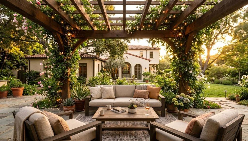 Modern louvered pergola and shade structure over a paver patio in Beverly Hills.