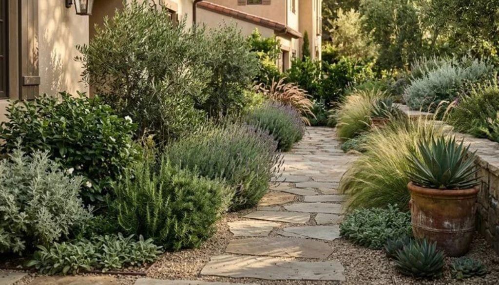 Drought-tolerant California native landscape design with agave, manzanita, and ornamental grasses.
