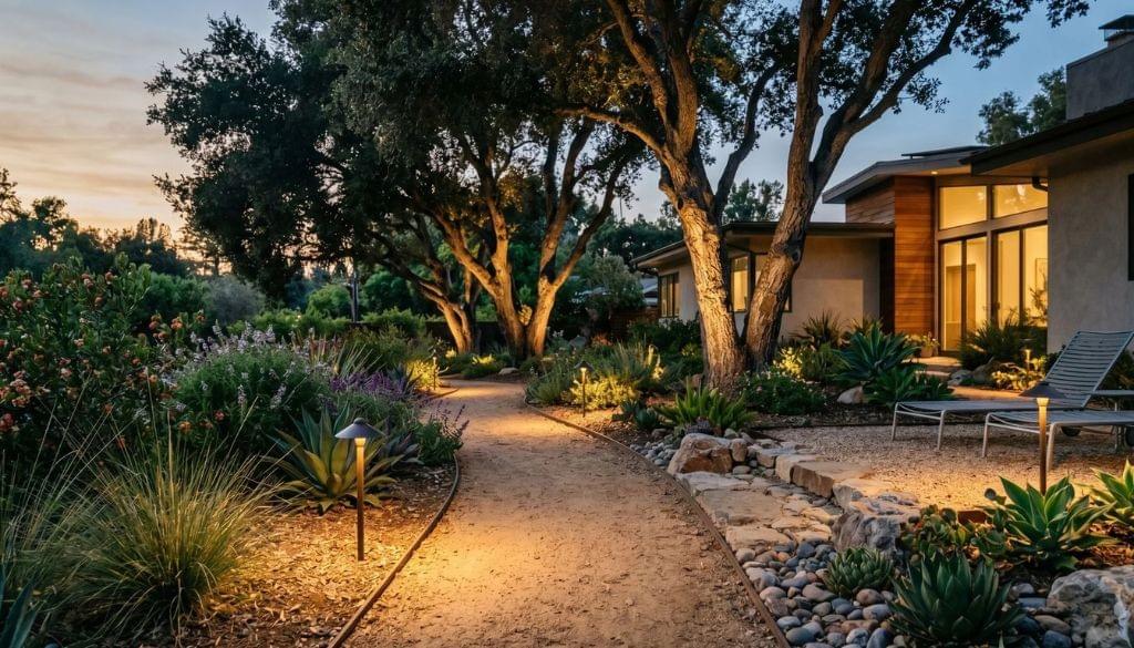 Path lighting and tree uplighting installed for a Los Angeles backyard at dusk.