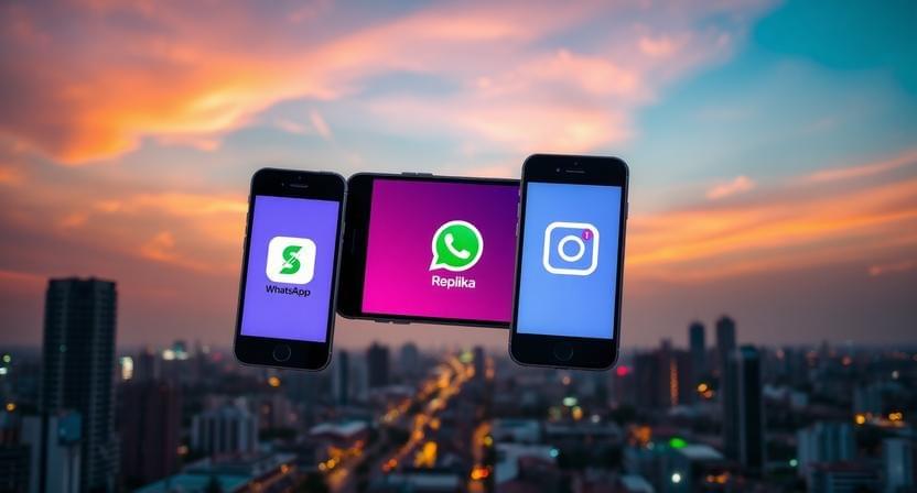 A collage of smartphone screens floating in the air, showing popular app icons like Replika, WhatsApp, and Instagram in front of a vibrant Abidjan skyline at dusk