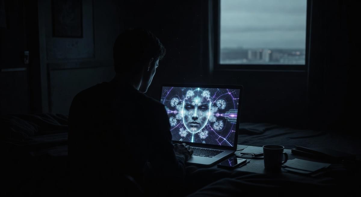  A person's silhouette seen from behind, sitting alone in a dark room, illuminated only by the light of a laptop screen showing a complex, beautiful AI face. The real world outside the window is blurred and distant