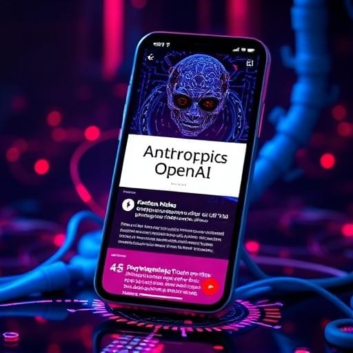 “Anthropic surpasses OpenAI headline on futuristic smartphone screen, glowing AI graphics, dramatic red and blue lighting, viral tech news style