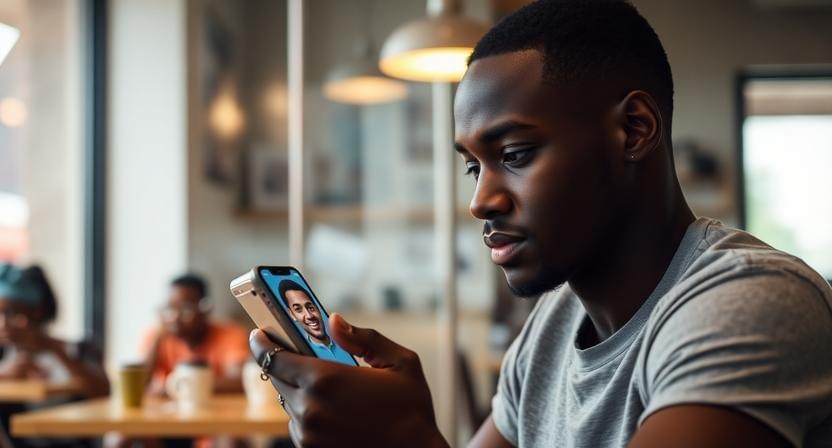 A young man in a modern cafe in Plateau, Abidjan, looking thoughtfully at his smartphone screen showing a friendly, AI-generated face. Soft morning light from the window, blurred background of other customers