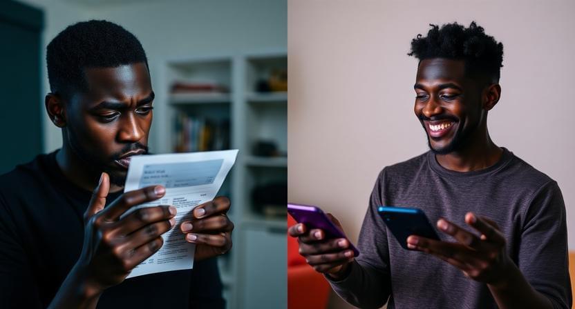 a stressed-looking young man looking at a receipt. Right side: the same man smiling, relaxed, looking at a comforting, glowing AI avatar on his phone in a simple room.