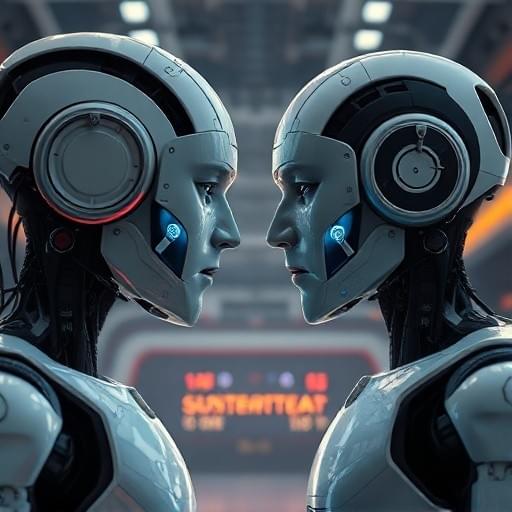 Two advanced humanoid AI robots facing each other in a modern tech arena, one representing Anthropic Claude and the other OpenAI ChatGPT, cinematic lighting, high detail