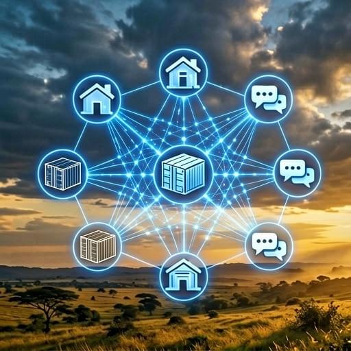 A creative conceptual illustration of a glowing blue technological neural network connecting abstract icons of local West African businesses, shipping crates, and digital chat bubbles. A sleek corporate graphic representing successful digital transformation and automation for small and medium enterprises, modern aesthetic.