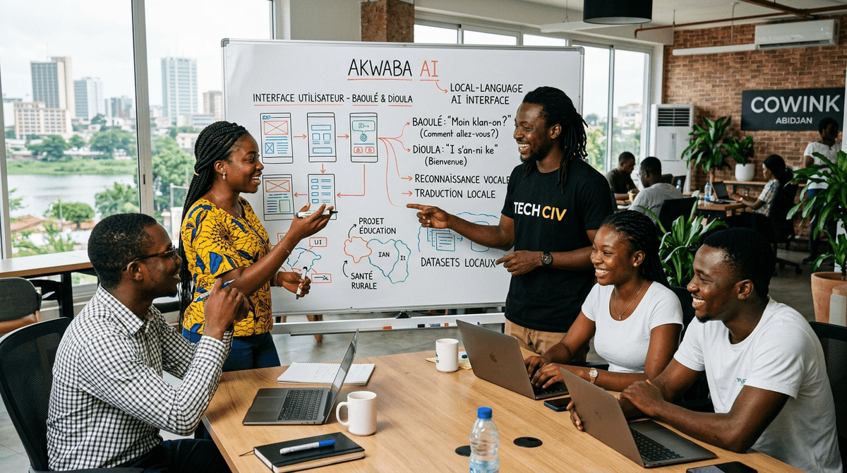 An optimistic shot of a diverse group of young Ivorian tech entrepreneurs brainstorming in a bright, modern co-working space in Abidjan
