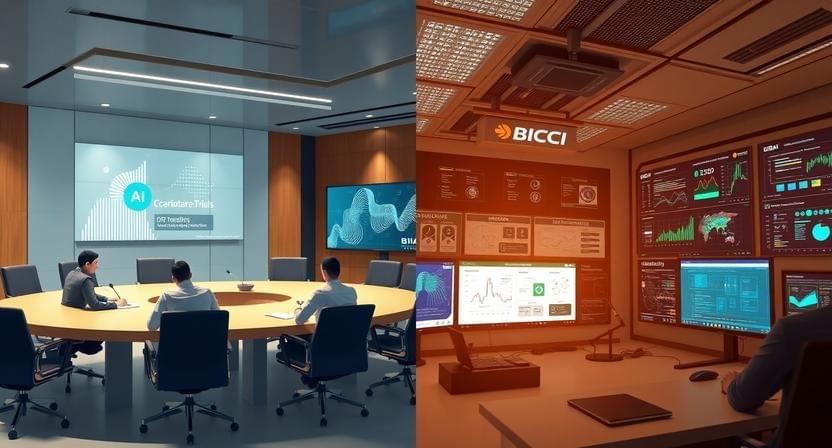 Bank executives and government regulators analyzing AI governance, digital banking ecosystem, machine learning algorithms, financial cybersecurity control room, modern corporate environment, high-detail professional news illustration
