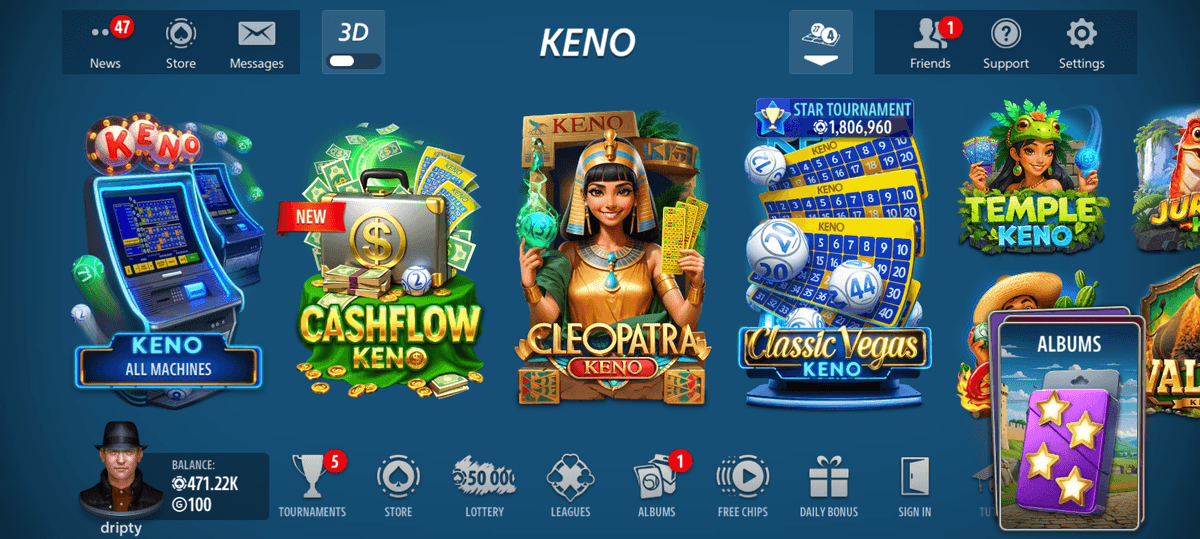 Keno menu Pokerist casino app