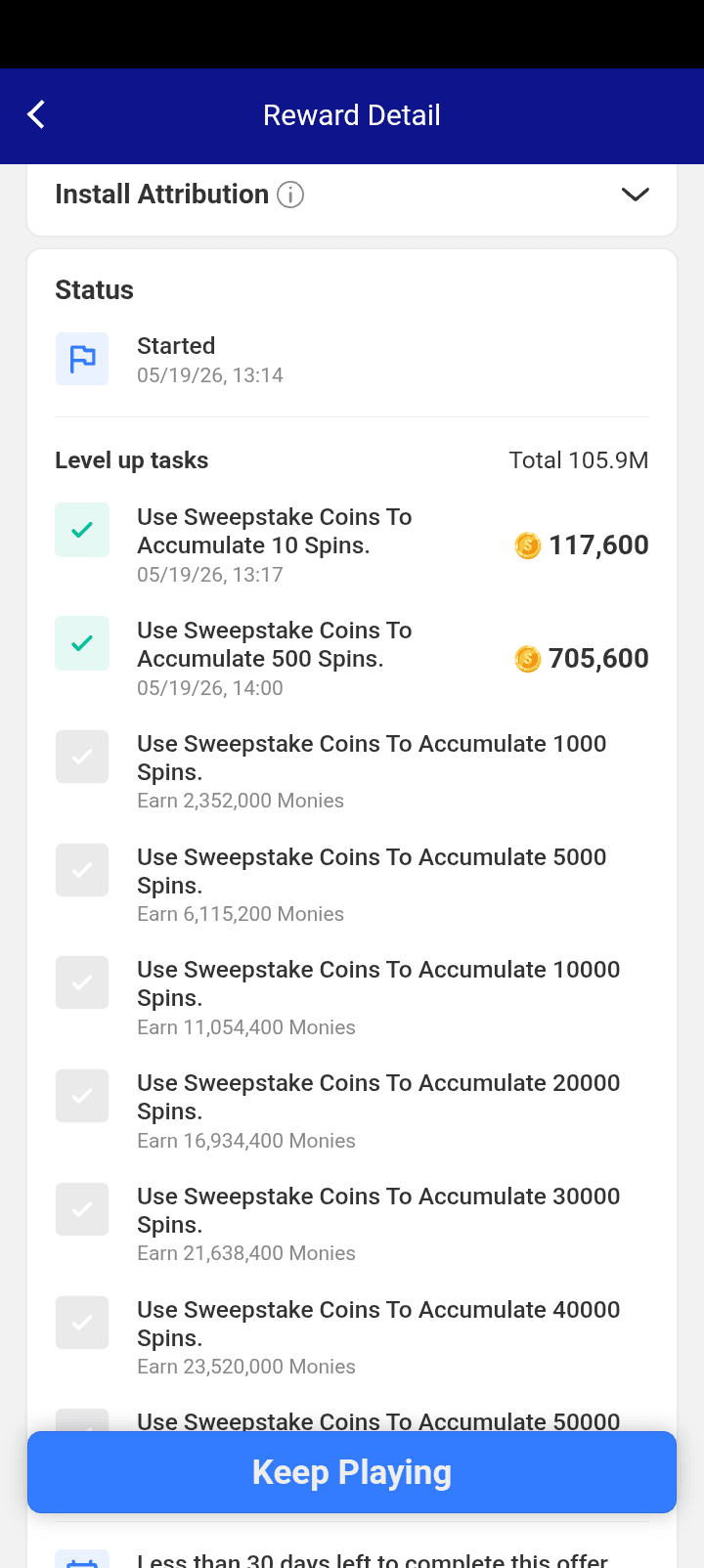 1000 SC spin offerwall task on Money Time for Frosty Reels Challenge.