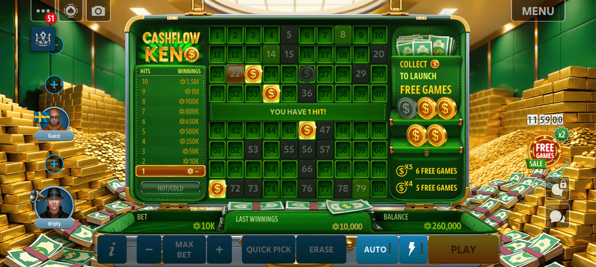 Bonus game 5 free games Cash Flow Keno 