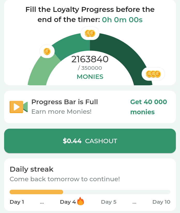 Money Time balance display, pay to play app