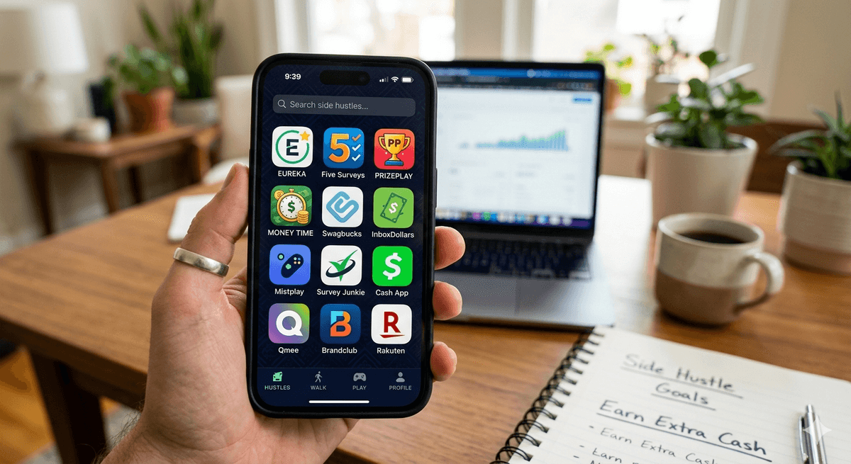 A person holding a smartphone displaying a grid of popular pay-to-play side hustle and survey app icons, including Eureka, Five Surveys, PrizePlay, and Money Time. The background features a blurred home office setup with a laptop showing data charts, a coffee mug, and a notebook titled "Side Hustle Goals."