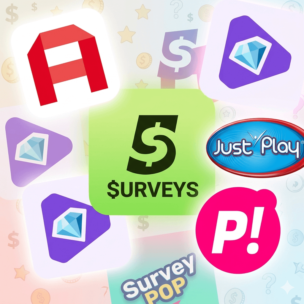 "A bright and colorful 1000x1000 pixel website background collage featuring stylized representations of popular money-earning app logos. In the center is a bright green square icon showcasing a large black number '5' with a vertical dollar sign strike-through, above the word '$URVEYS'. To its right is an oval blue and red logo reading 'Just Play'. Surrounding these are multiple purple triangular icons containing a light blue diamond, reminiscent of the PrizePlay and Just Play aesthetic, along with a prominent red and white lowercase 'A' logo for AttaPoll in the upper left, and a vibrant pink circular bubble logo containing a white 'P!' for Survey Pop. The background is a soft, faded pattern of pastel stars, dollar signs, and question marks, creating a clean, cohesive theme for a rewards website."