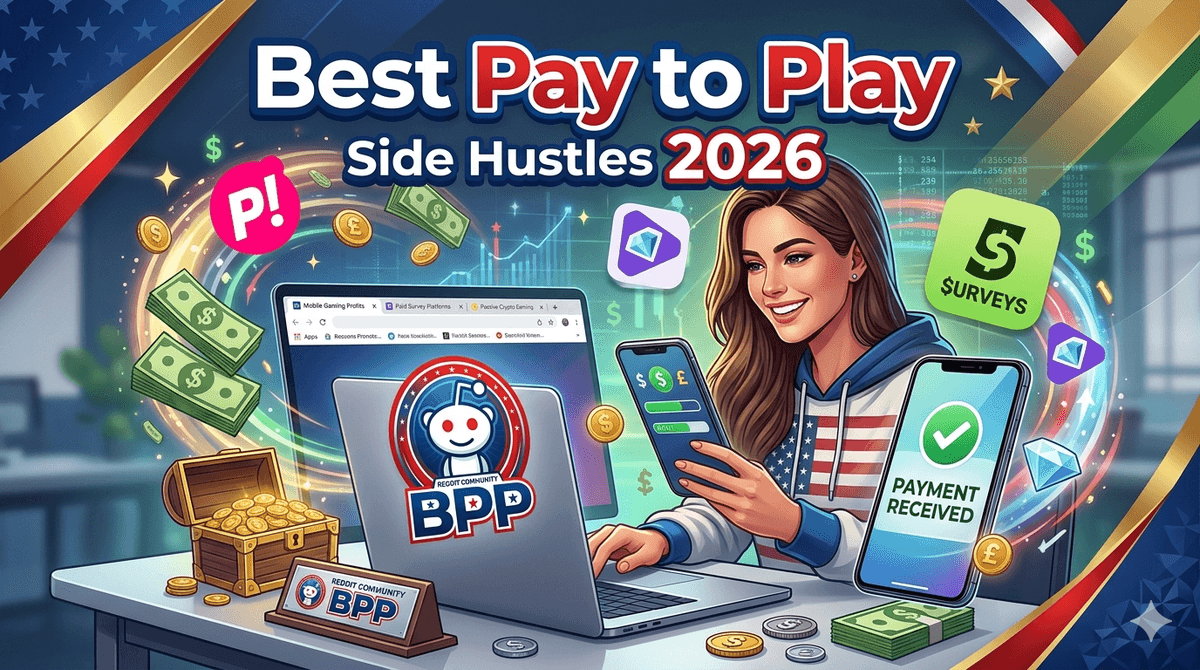 "A vibrant and professional blog post thumbnail titled 'Best Pay to Play Side Hustles 2026' in bold white and red text against a dark blue background with stars. The image features a smiling woman wearing an American flag-themed hoodie sitting at a desk, working on a laptop and looking at a smartphone. The laptop screen displays a 'Reddit Community BPP' logo with the Reddit Snoo character. Floating around her are various colorful mobile app icons, including a green square for '5 $URVEYS', a pink circle with 'P!', and a purple diamond icon. On the desk, there is a small wooden treasure chest overflowing with gold coins, stacks of green cash, and a smartphone displaying a green checkmark with the text 'PAYMENT RECEIVED'. The overall theme is energetic, modern, and focused on digital earning."