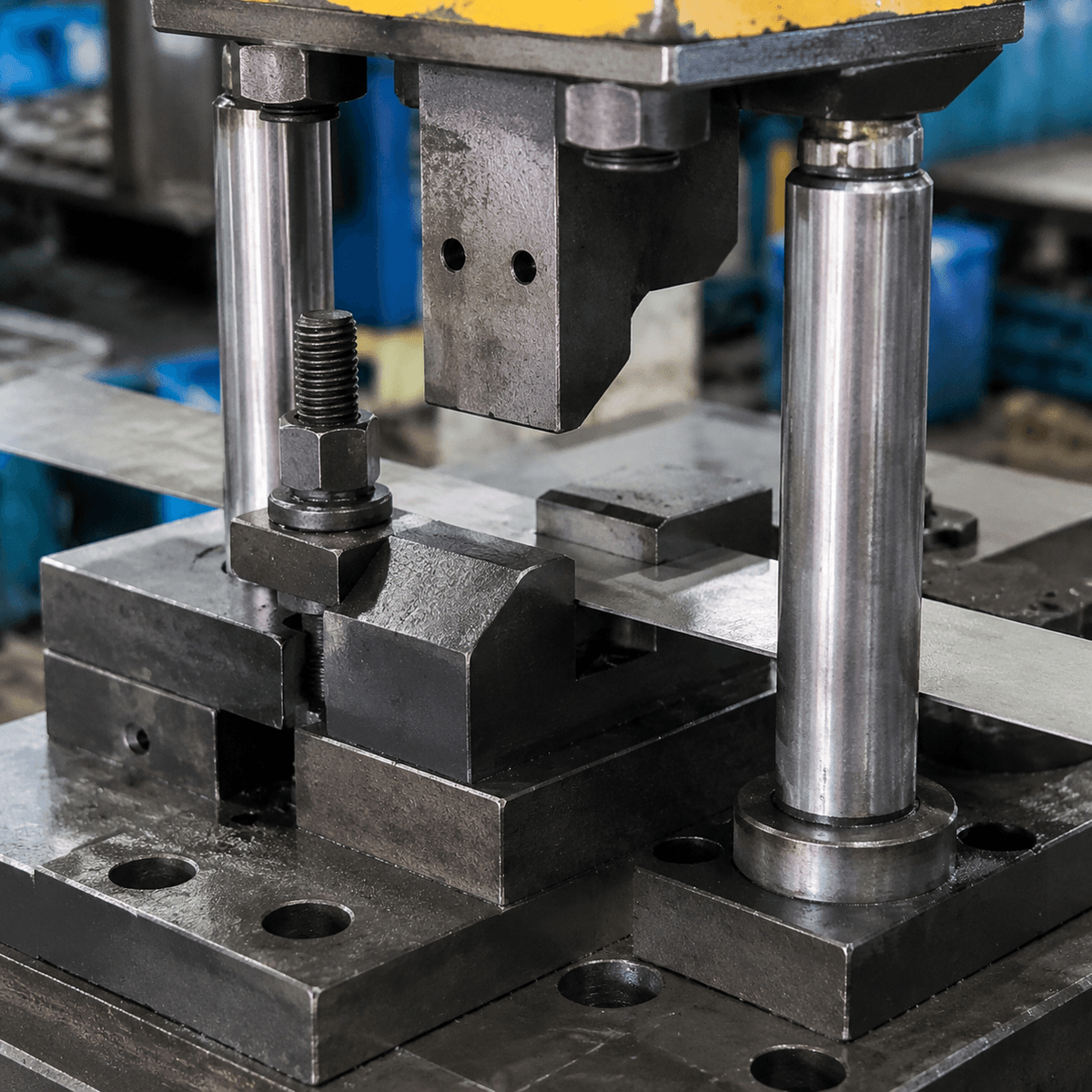 Precision metal forming process using a stamping press to create accurate bends and custom sheet metal components for OEM manufacturing.