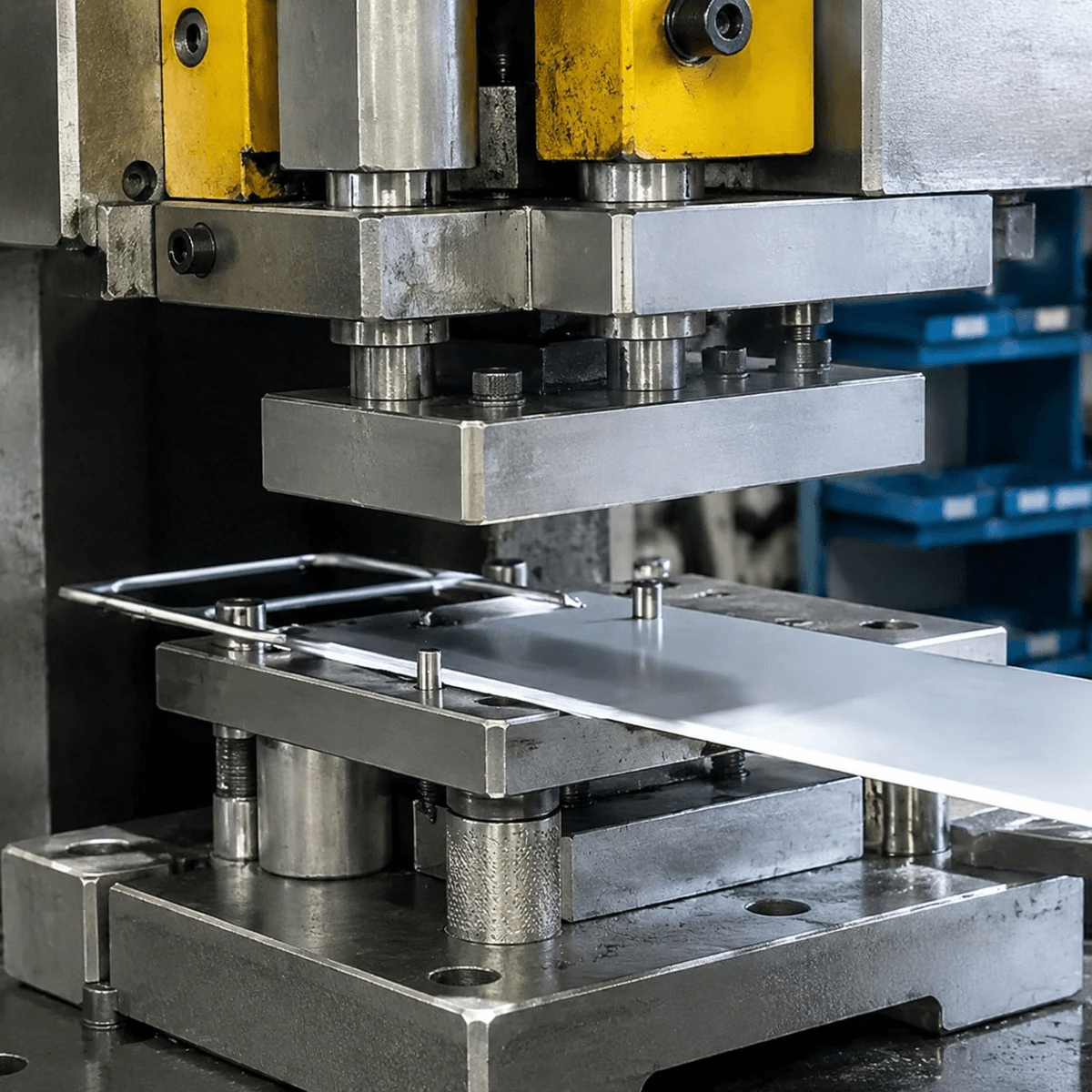 Industrial metal stamping machine performing precision blanking of sheet metal for clean, consistent edges.