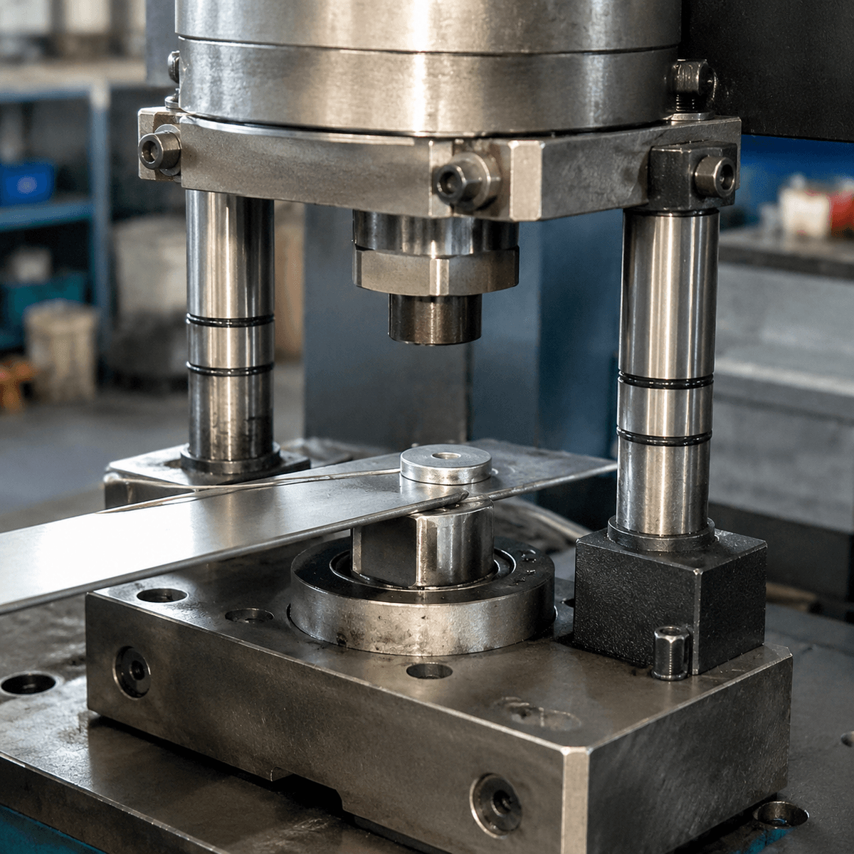 Industrial metal punching machine producing custom sheet metal stamping parts with precision hole punching for OEM manufacturing.
