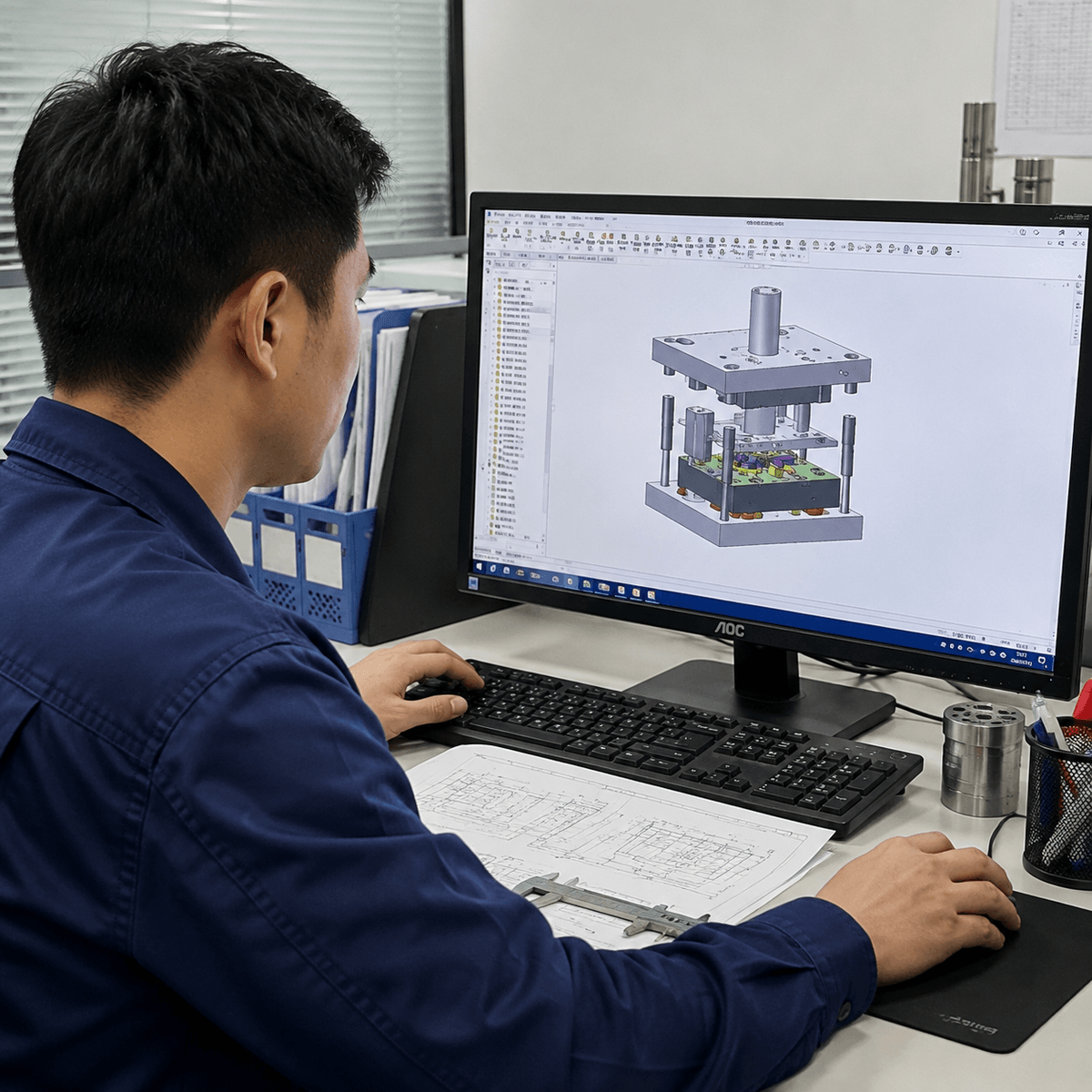 Engineer providing die design support with 3D CAD software for precision stamping dies and custom sheet metal manufacturing.