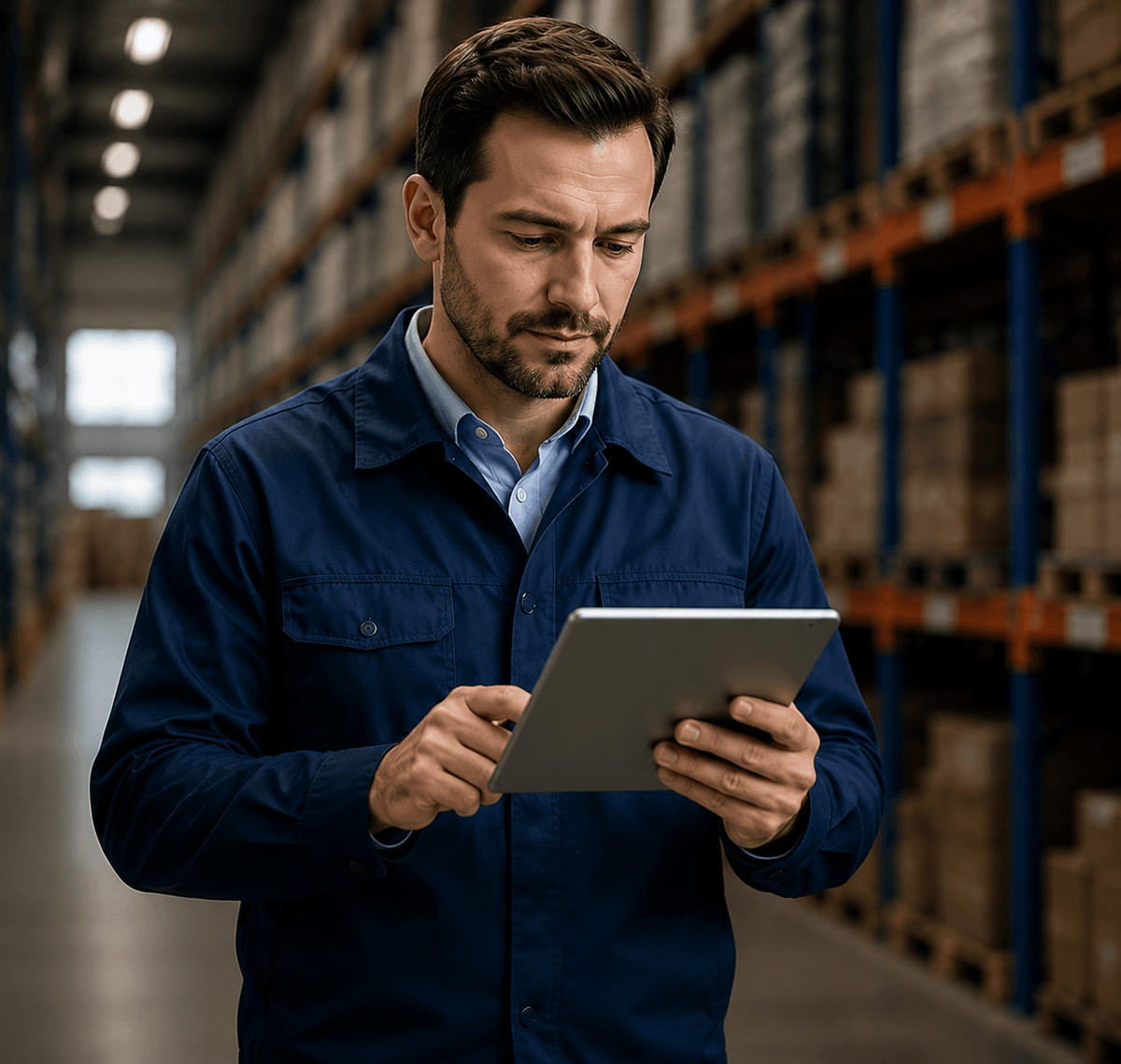 Buyer reviewing supplier information in a warehouse to support a smooth transition to a new industrial parts supplier.