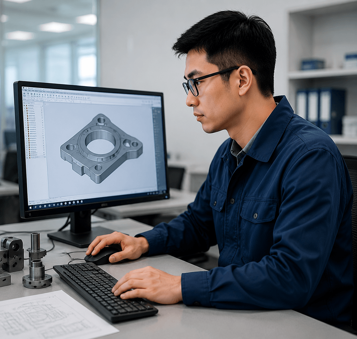 Product engineer reviewing a 3D CAD drawing for precision metal parts and providing DFM feedback.